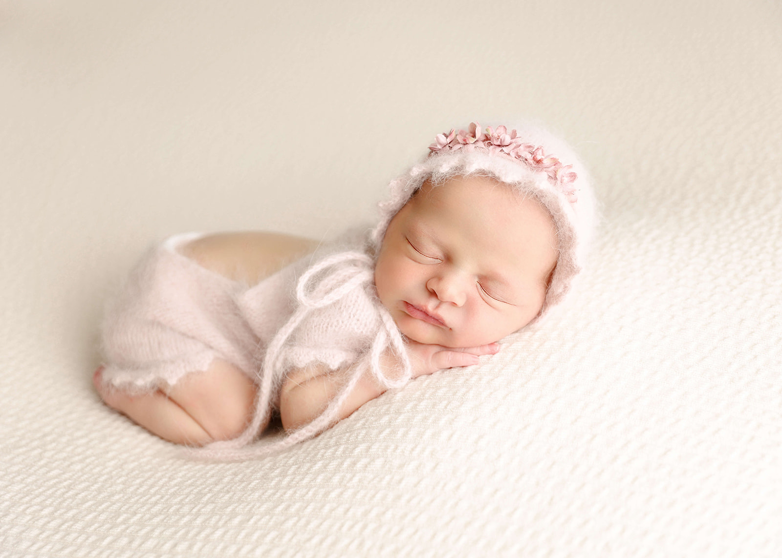 A newborn baby in a knit onesie and hat sleeps on a white cushion in froggy pose