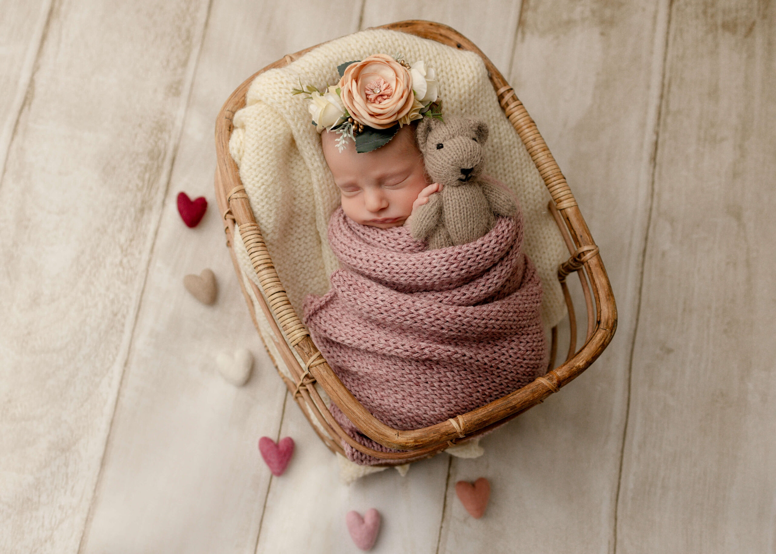 Baby posed in basket with teddy bear by Ashley Nicole Photography.