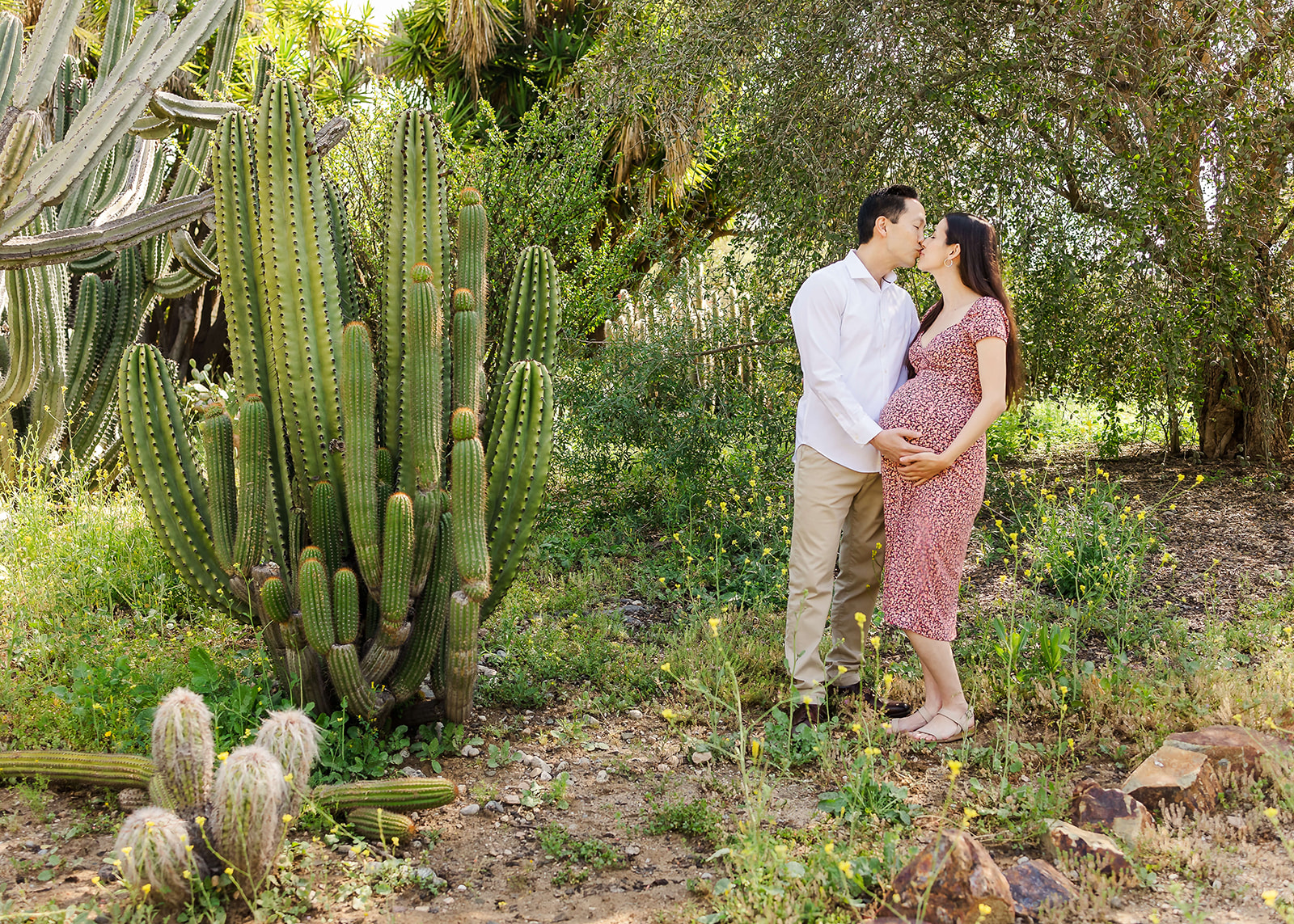 A mother to be kisses her husband in a trail next to a large cactus