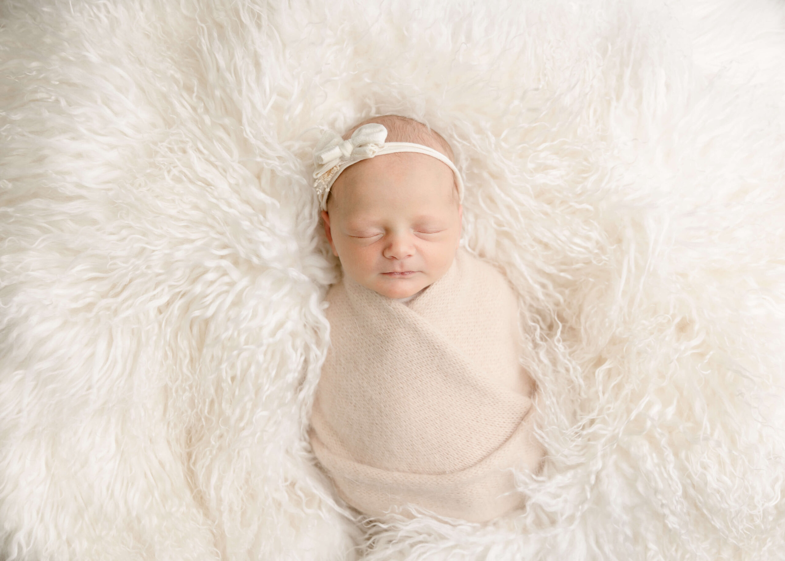 Baby girl wrapped in studio newborn session by Ashley Nicole.